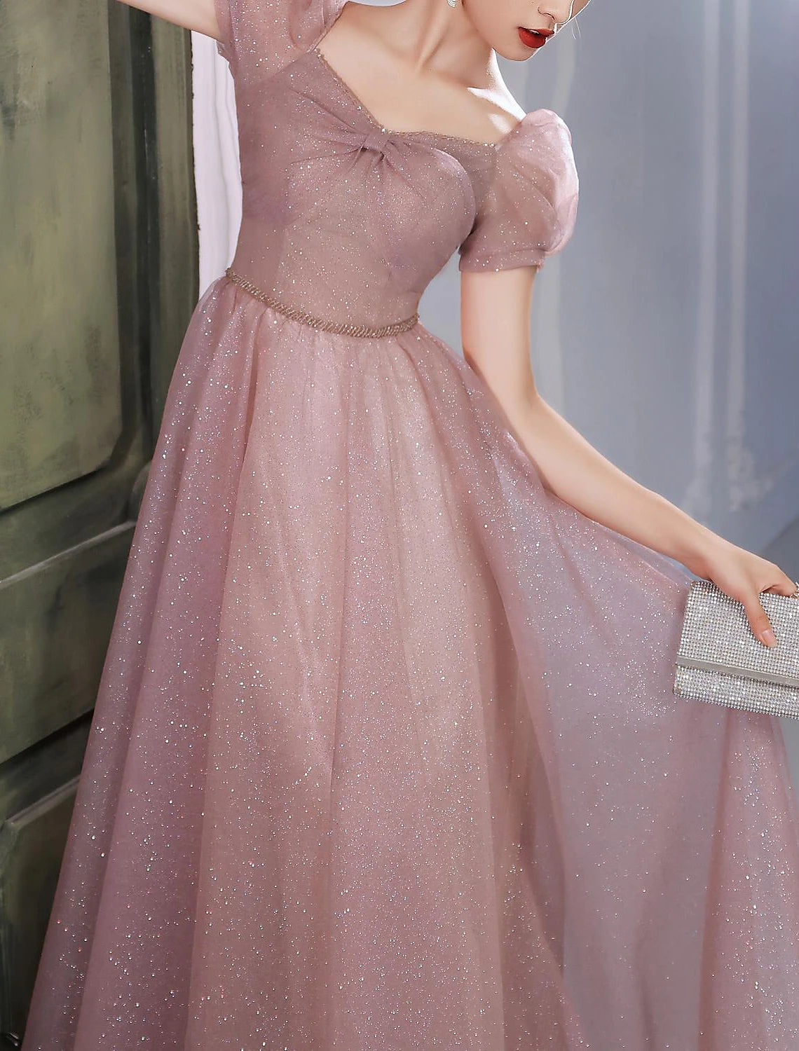 Abito da ballo elegante, da sera, formale, con scollo a cuore, manica corta, lunghezza al pavimento, in pizzo con perline, linea ad A, con schiena splendida